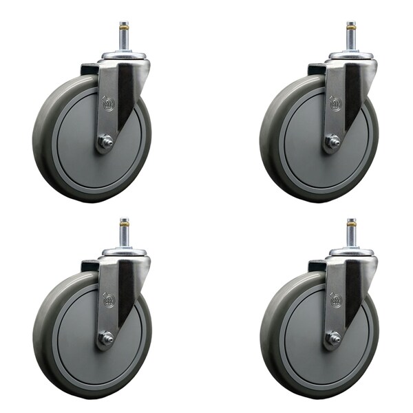 6'' Gray Polyurethane Wheel Swivel 7/16'' Grip Ring Stem Caster Set, 4PK